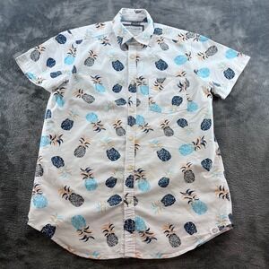 Free Planet Mens White Pineapple Print Short Sleeve Button Down Shirt Small